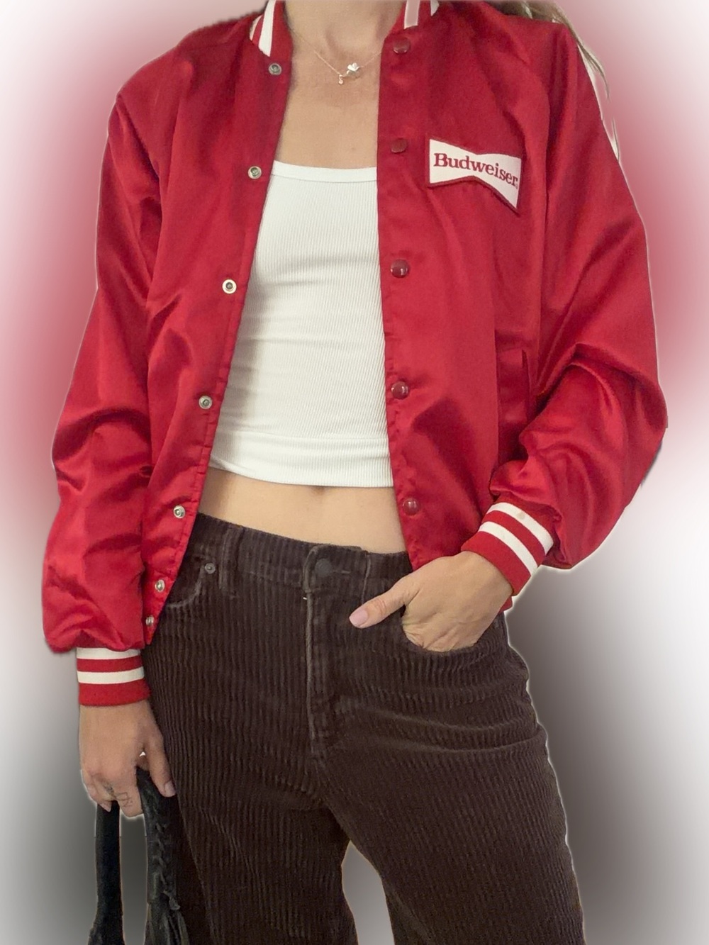 Vintage Red Satin Budweiser Baseball Jacket with White Trim